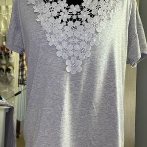 Women's Zanzea Light Gray Floral Lace Short Sleeve Top